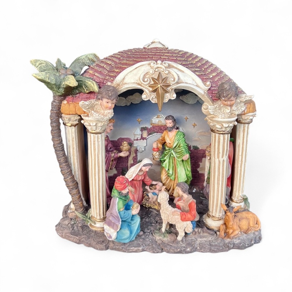 Vintage Light-UpCeramic Nativity SceneRepresenting the Birth of Jesus Christ.